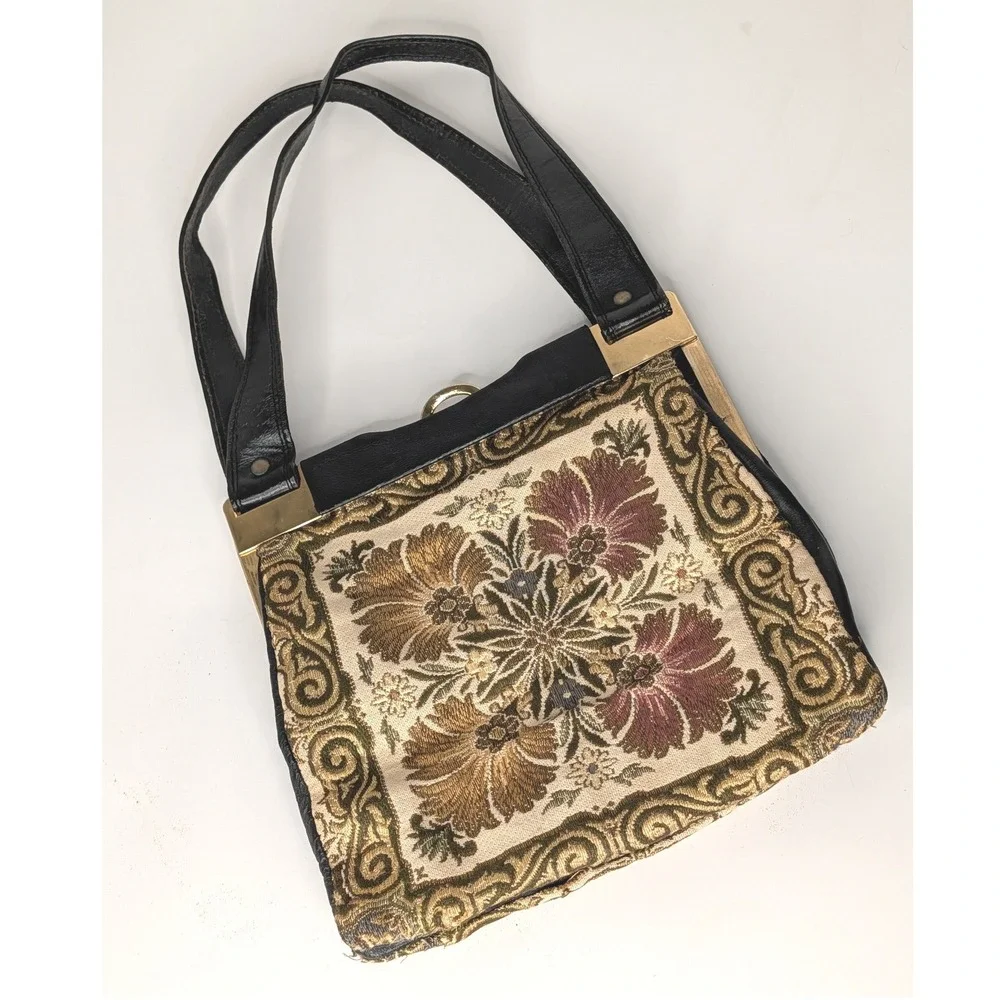 Vintage Made in Germany Floral Tapestry Black Leather Shoulder Bag Handbag Gold